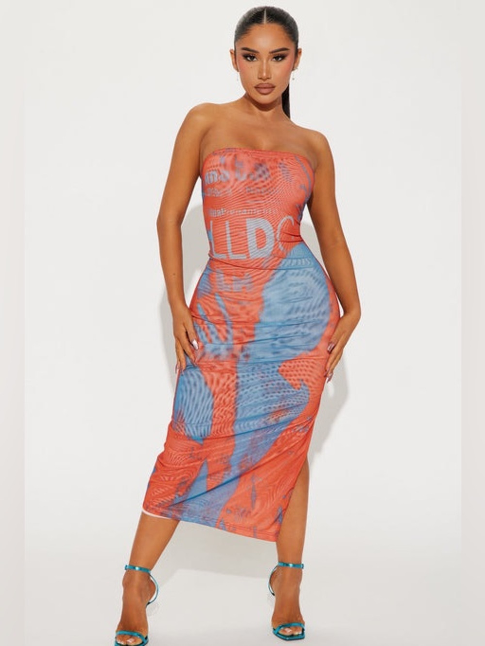 Fashion Nova Elliana Mesh Maxi Dress XL NWT Strapless Graphic Print Slit